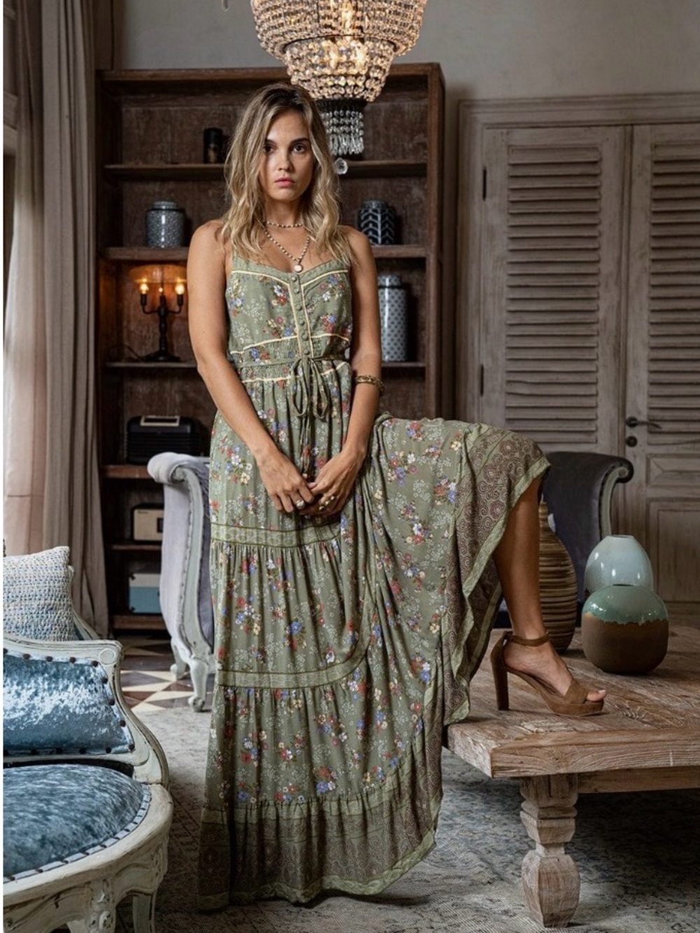 Tulle & Batiste Joanna  Print Olive Green Floral Tiered Maxi Dress in M & XL